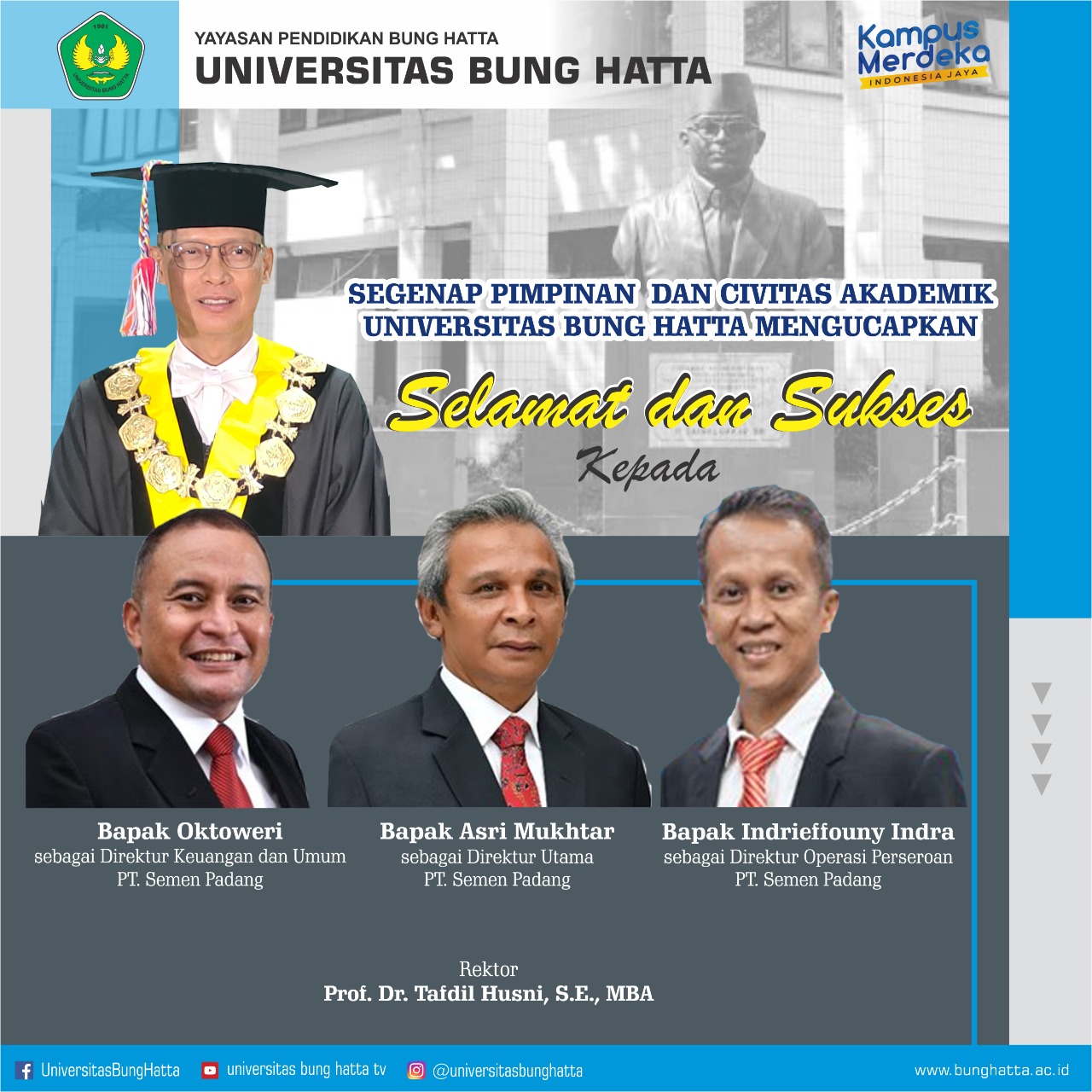 Tiga Pejabat Teras PT Semen Padang Resmi Dilantik, Rektor Universitas Bung Hatta: "Selamat, Semoga Amanah"