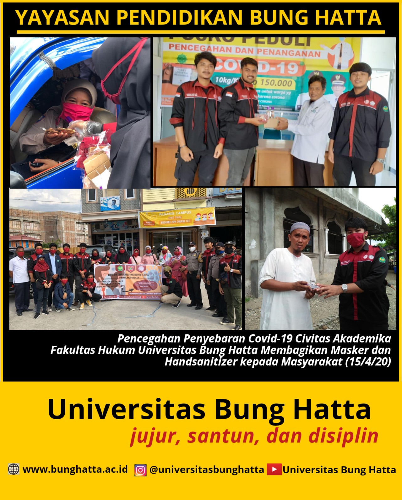 Cegah Penyebaran Covid-19, Civitas Akademika Fakultas Hukum Universitas Bung Hatta Membagikan Masker dan Handsanitizer kepada Masyarakat